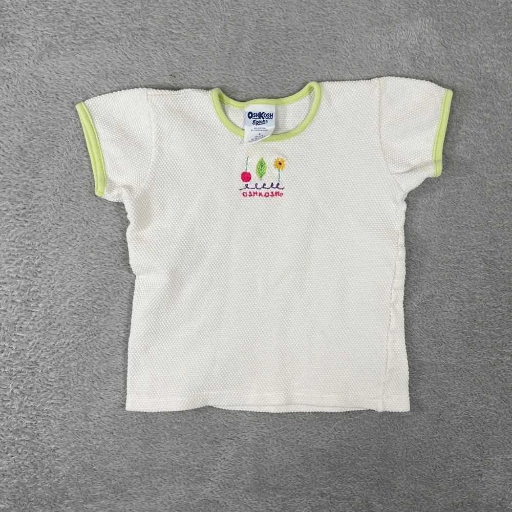Vintage OshKosh B'gosh T Shirt Kids Size 4‎ White Embroidered Flower Cherry 90s